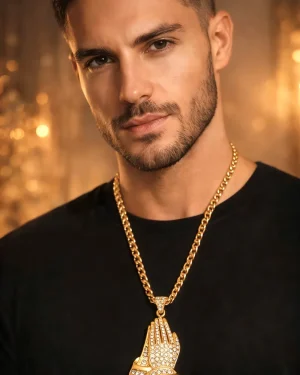 Closed Palm Gesture Full Diamond Pendant Fried Dough Twist Chain Mens Necklace Gold 45.00 new
