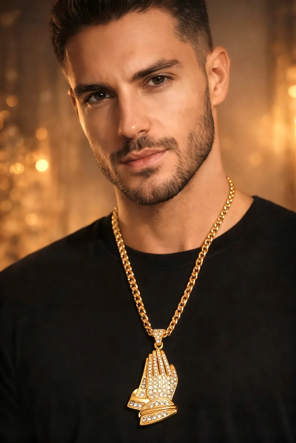 Closed Palm Gesture Full Diamond Pendant Fried Dough Twist Chain Mens Necklace Gold 45.00 new