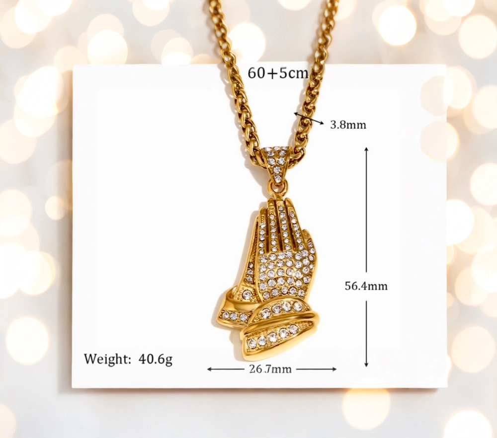 Closed Palm Gesture Full Diamond Pendant Fried Dough Twist Chain Mens Necklace Gold 45.00 new