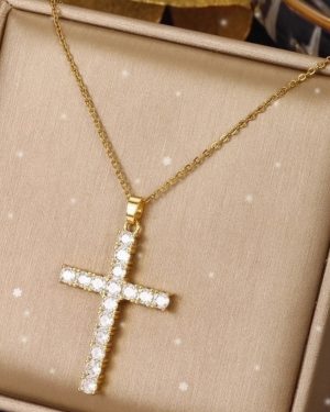 Ethnic Style Cross Stainless Steel Zircon Pendant Necklace �23