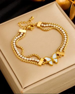 Fashion Women Chain Titanium Steel Diamond Inlay Bracelet Butterfly �29