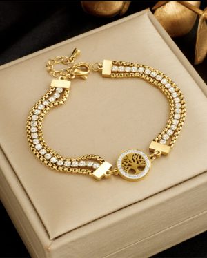 Fashion Women Chain Titanium Steel Diamond Inlay Bracelet Life Tree �29