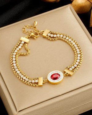 Fashion Women Chain Titanium Steel Diamond Inlay Bracelet Red Gemstone �29
