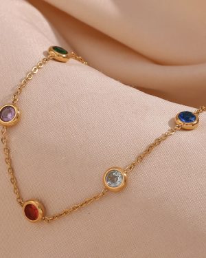 Five Coloured Round Glass Zircon Bracelet 18K Gold Plated