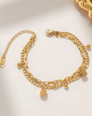 Geometric Titanium Steel 18K Gold Plated Double Layered Octagonal Wealth Bracelet Gold �28