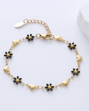 Simple Style Heart Shape Flower Stainless Steel Patchwork Enamel Gold Plated Bracelet Black Flower �19