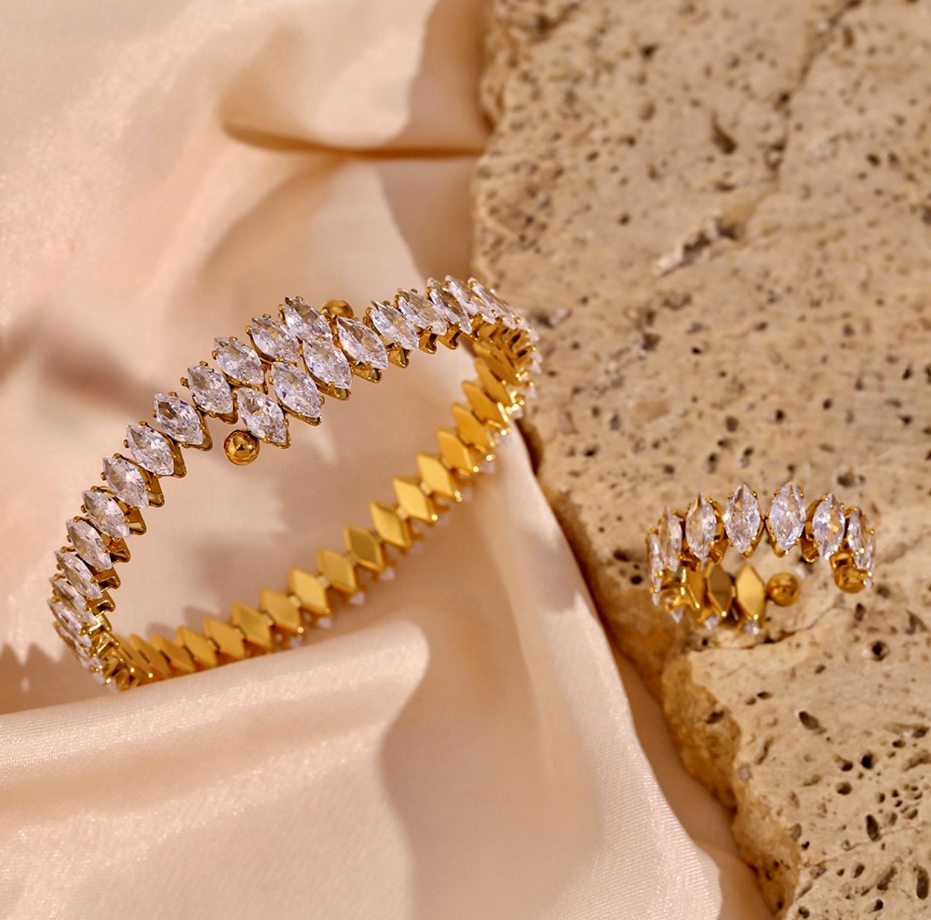 Water Droplets 304 Stainless Steel Zircon 18k Gold Plated Plating Inlay Rings Bracelets 5