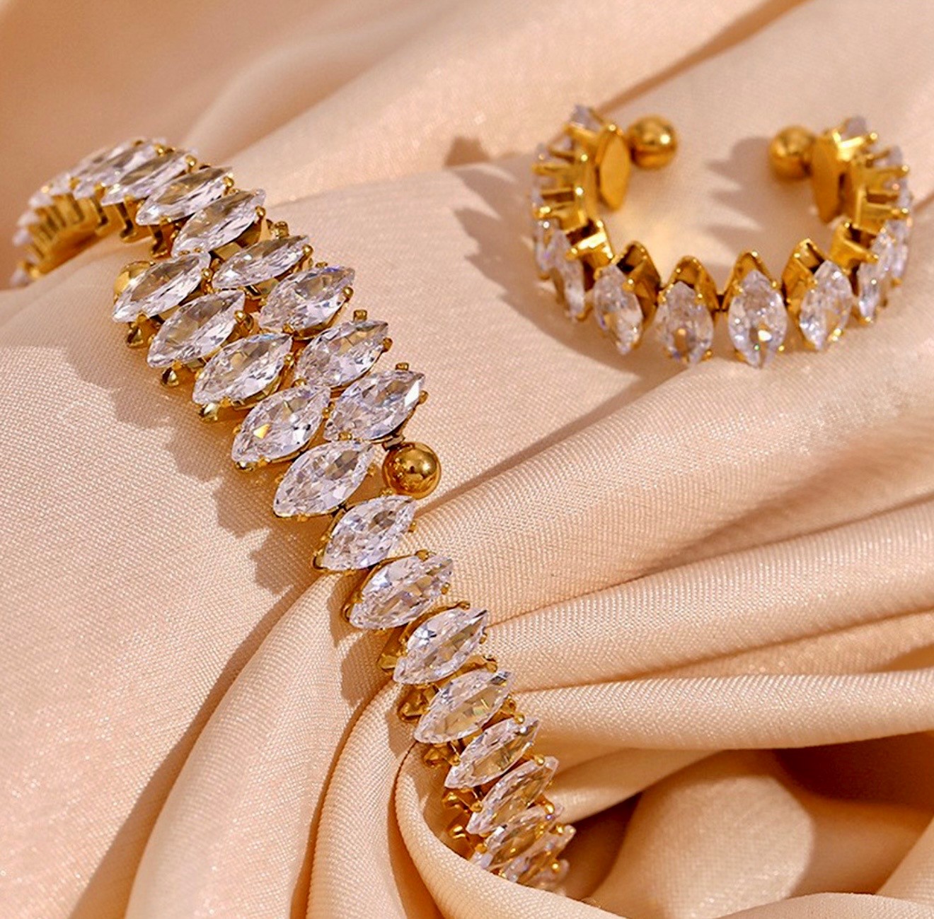 Water Droplets 304 Stainless Steel Zircon 18k Gold Plated Plating Inlay Rings Bracelets 6